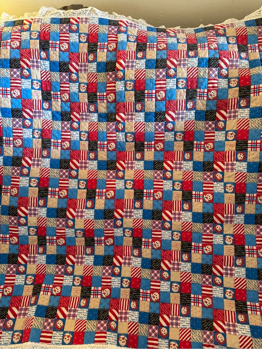 Raggedy Ann Patchwork Red, Blue & White Quilted Blanket